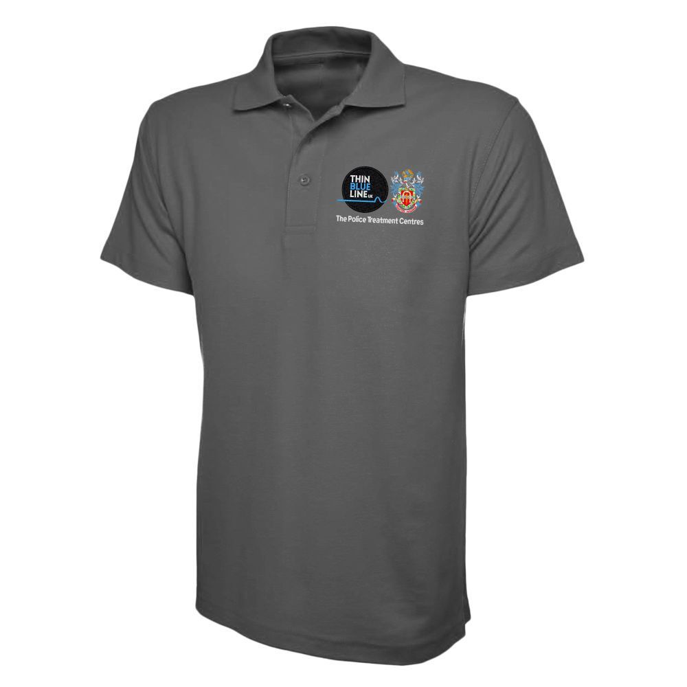 Gray polo shirt with two small emblems on the chest.