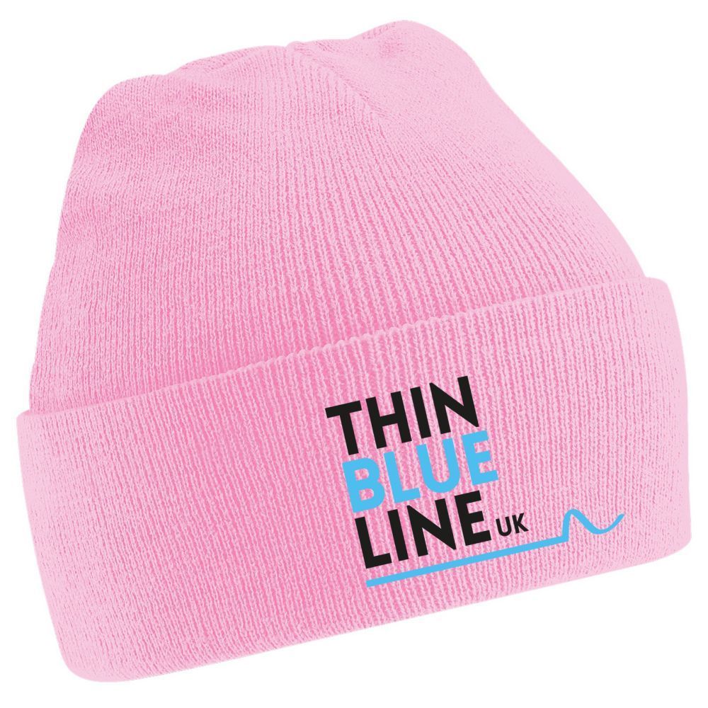 Pink beanie hat with "THIN BLUE LINE UK" text and a blue heartbeat line logo.