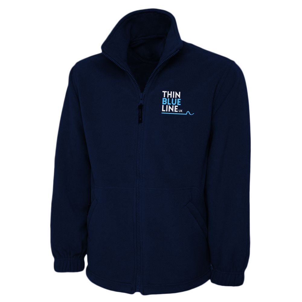Navy blue fleece jacket with "Thin Blue Line" logo.