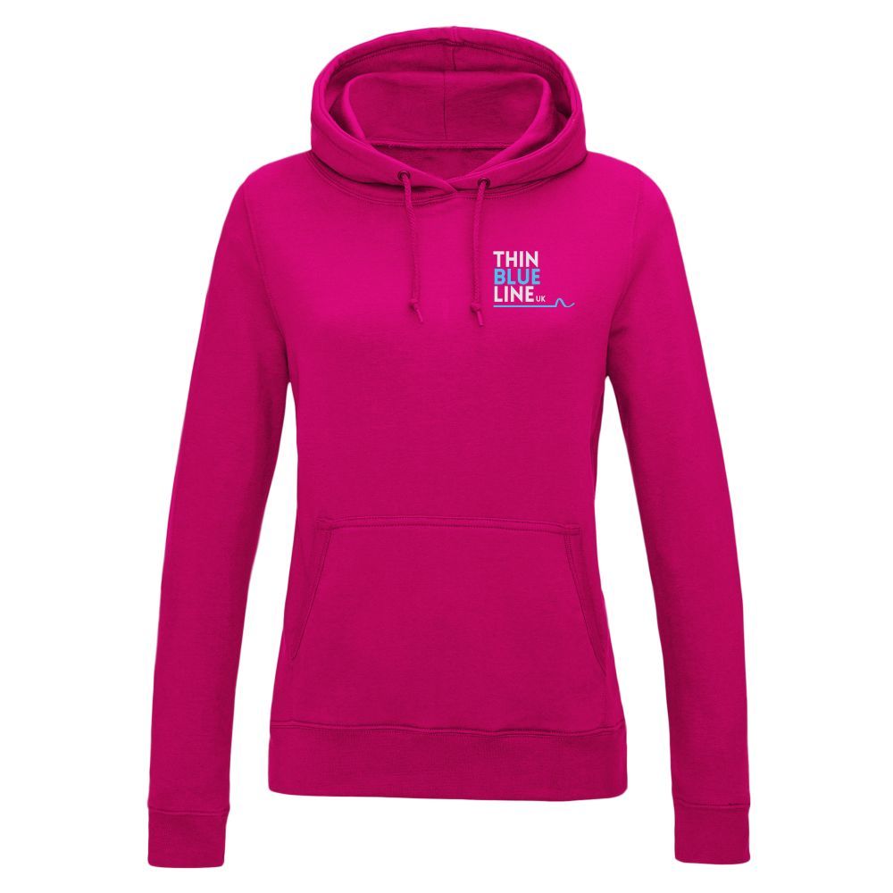 Pink hooded sweatshirt with "Thin Blue Line" logo.