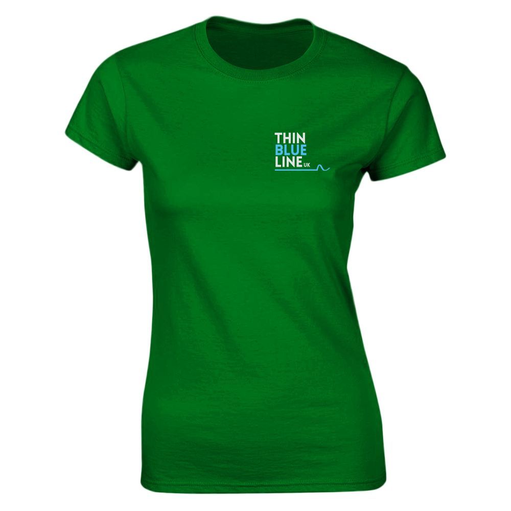 Green t-shirt with a "Thin Blue Line" logo in blue and white on the left chest.