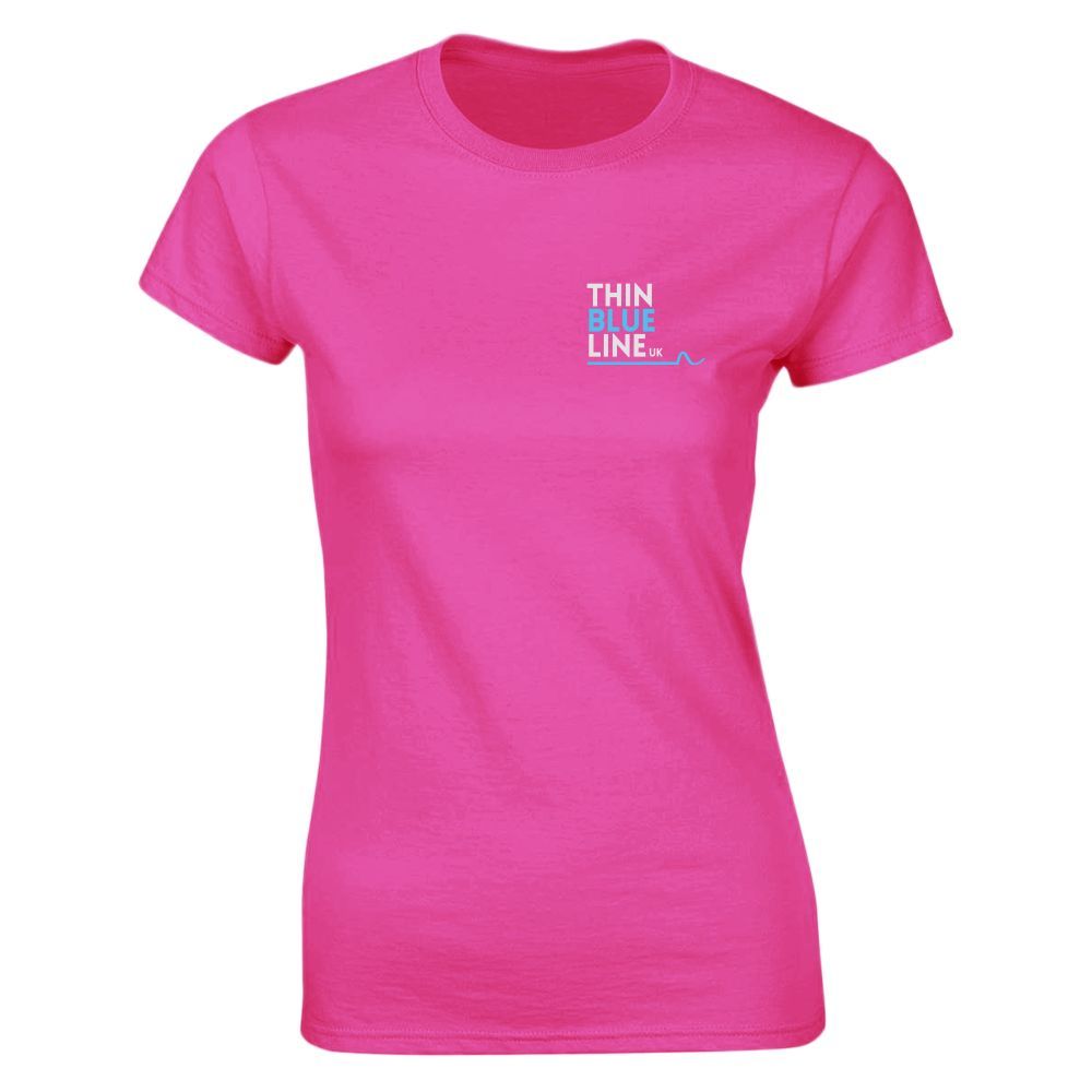 Pink thin blue line t-shirt with logo on chest