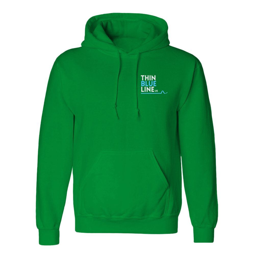 Green hoodie with a small "Thin Blue Line" logo on the chest.