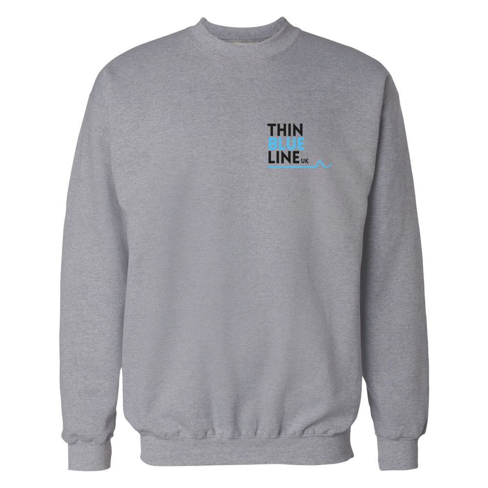 Gray sweatshirt with "THIN LINE" text and a blue line graphic.