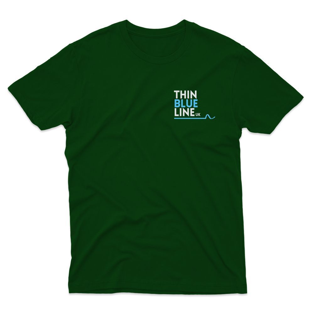 Green t-shirt with "THIN BLUE LINE" and a blue heartbeat graphic.