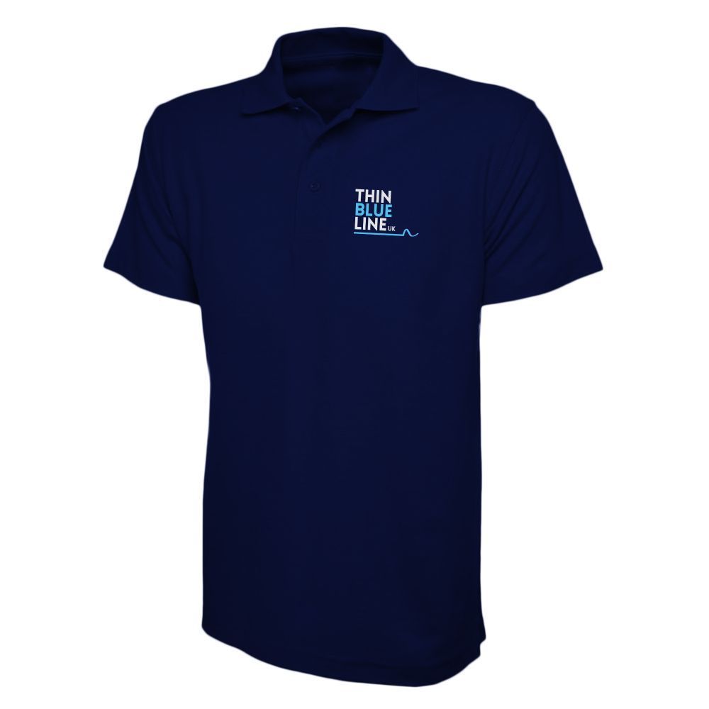 Navy blue polo shirt with "Thin Blue Line" logo on the chest.