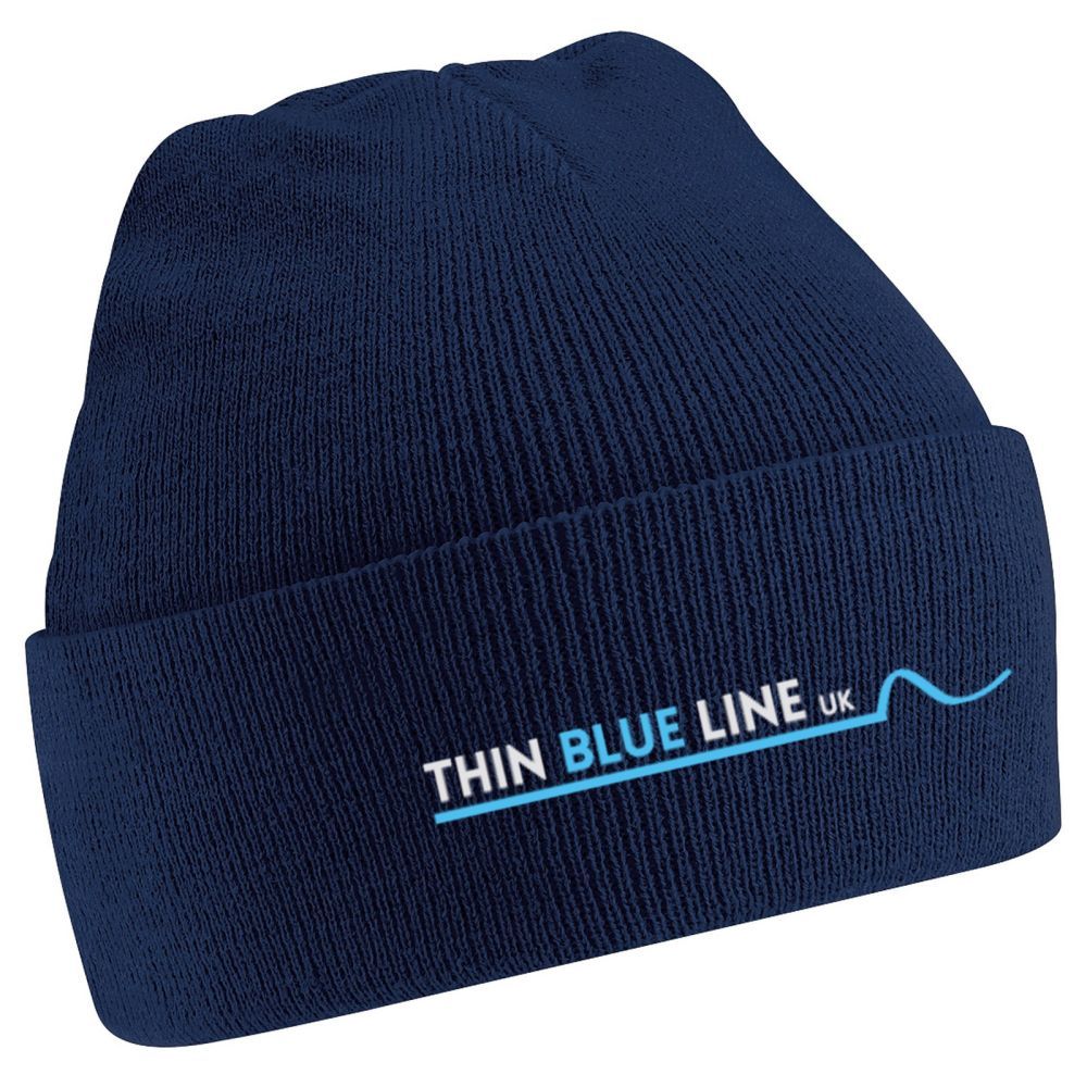 Navy blue knit beanie with "Thin Blue Line UK" logo.