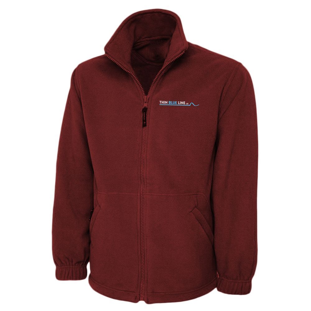Maroon fleece jacket with a full zipper, pockets, and logo on the chest.