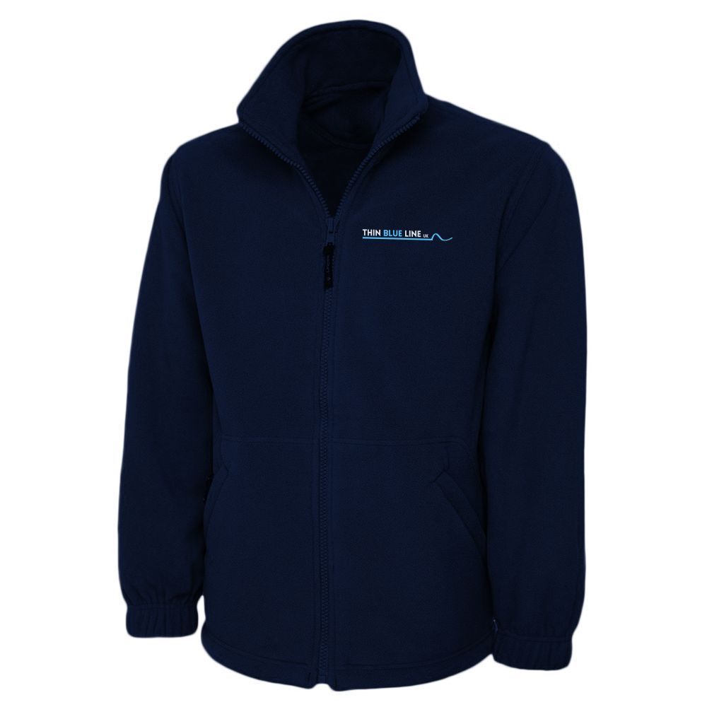 Navy blue fleece jacket with a high collar and zipper.