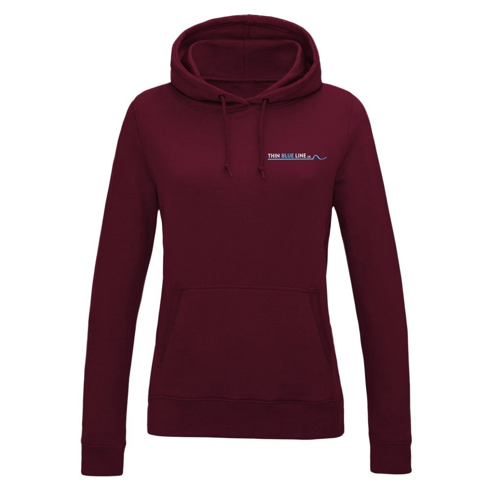 Maroon hooded sweatshirt with a small logo on the chest.