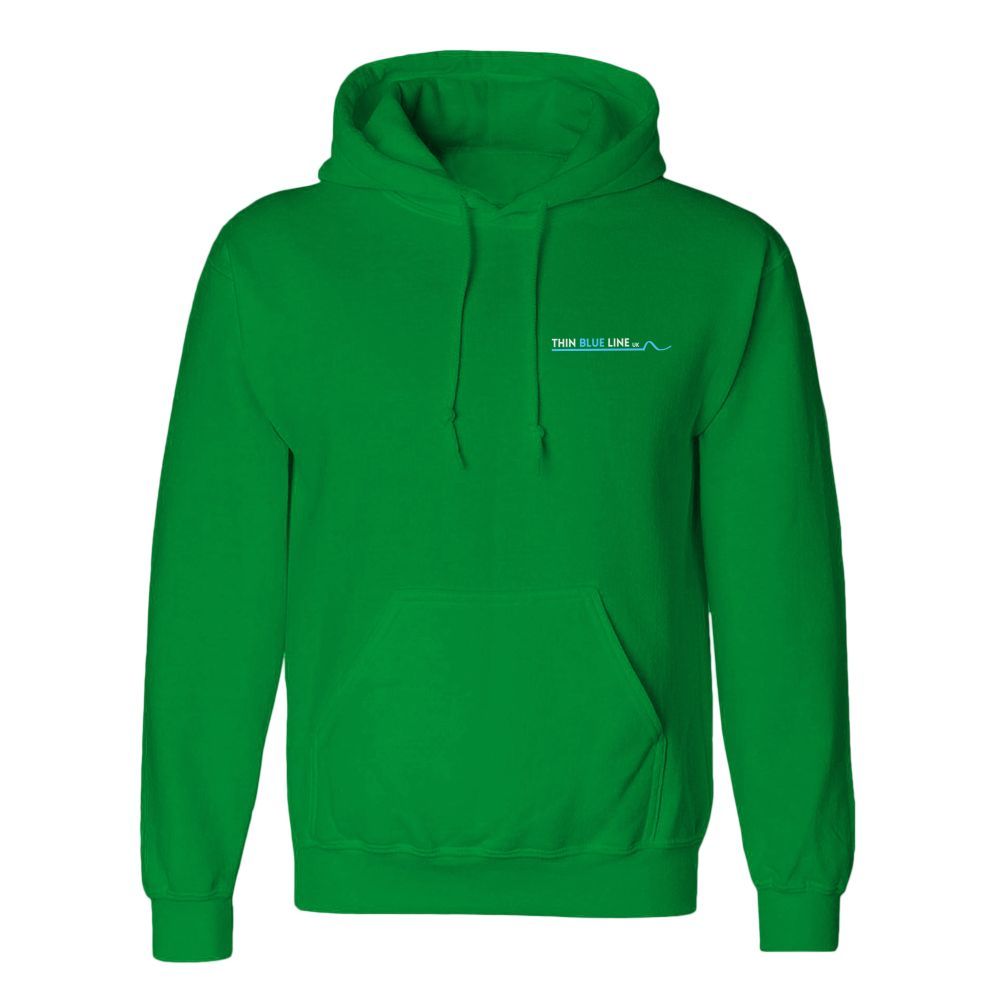 Blue hooded sweatshirt with a small, light-blue design on the chest.