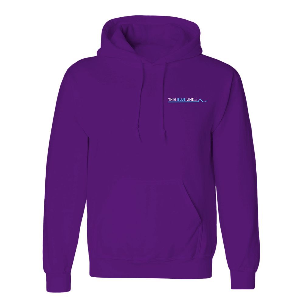 Purple hoodie with a small logo over the left breast pocket.