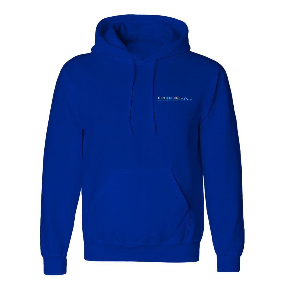 Blue hooded sweatshirt with a small, light-blue design on the chest.