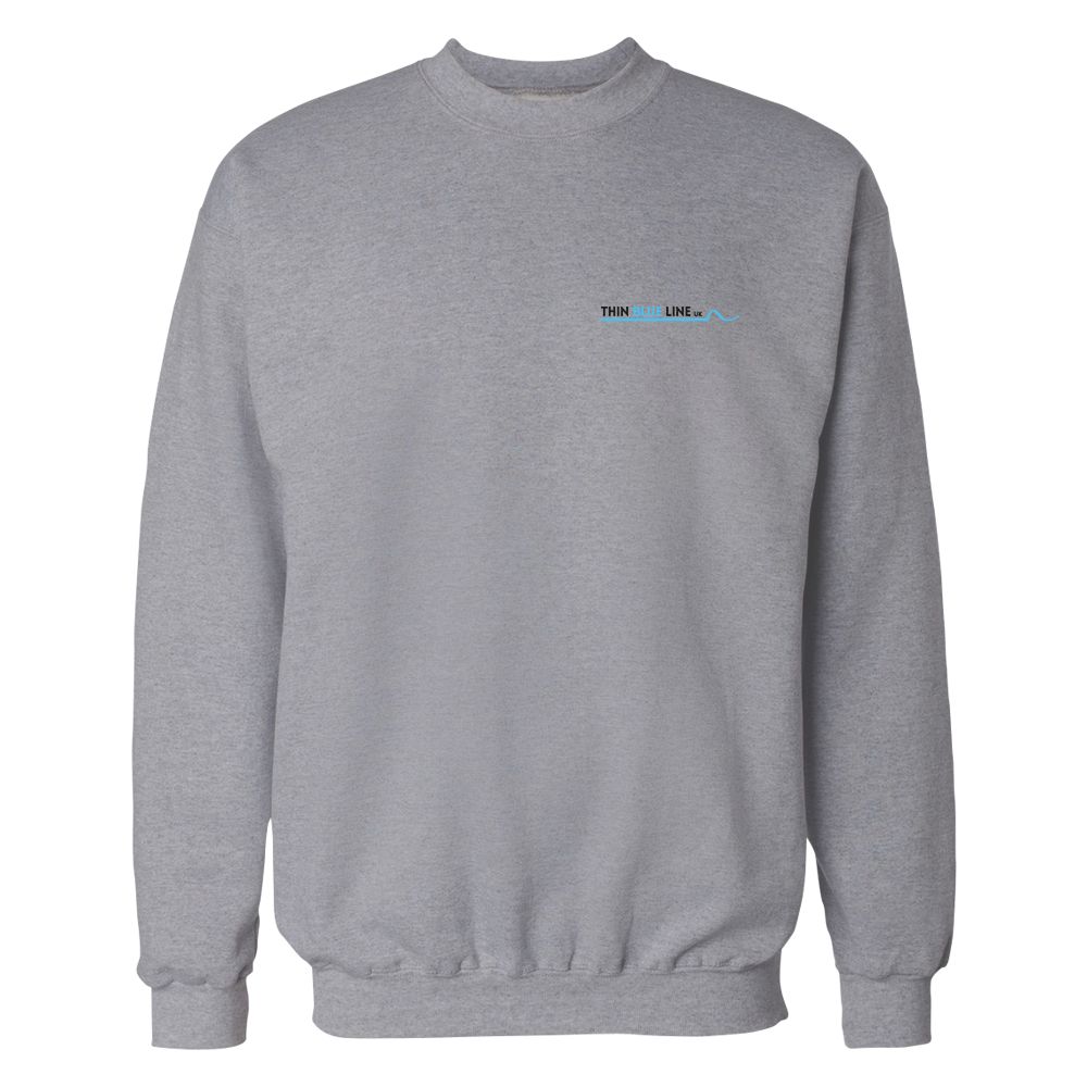 Gray sweatshirt with a small, blue logo on the chest.