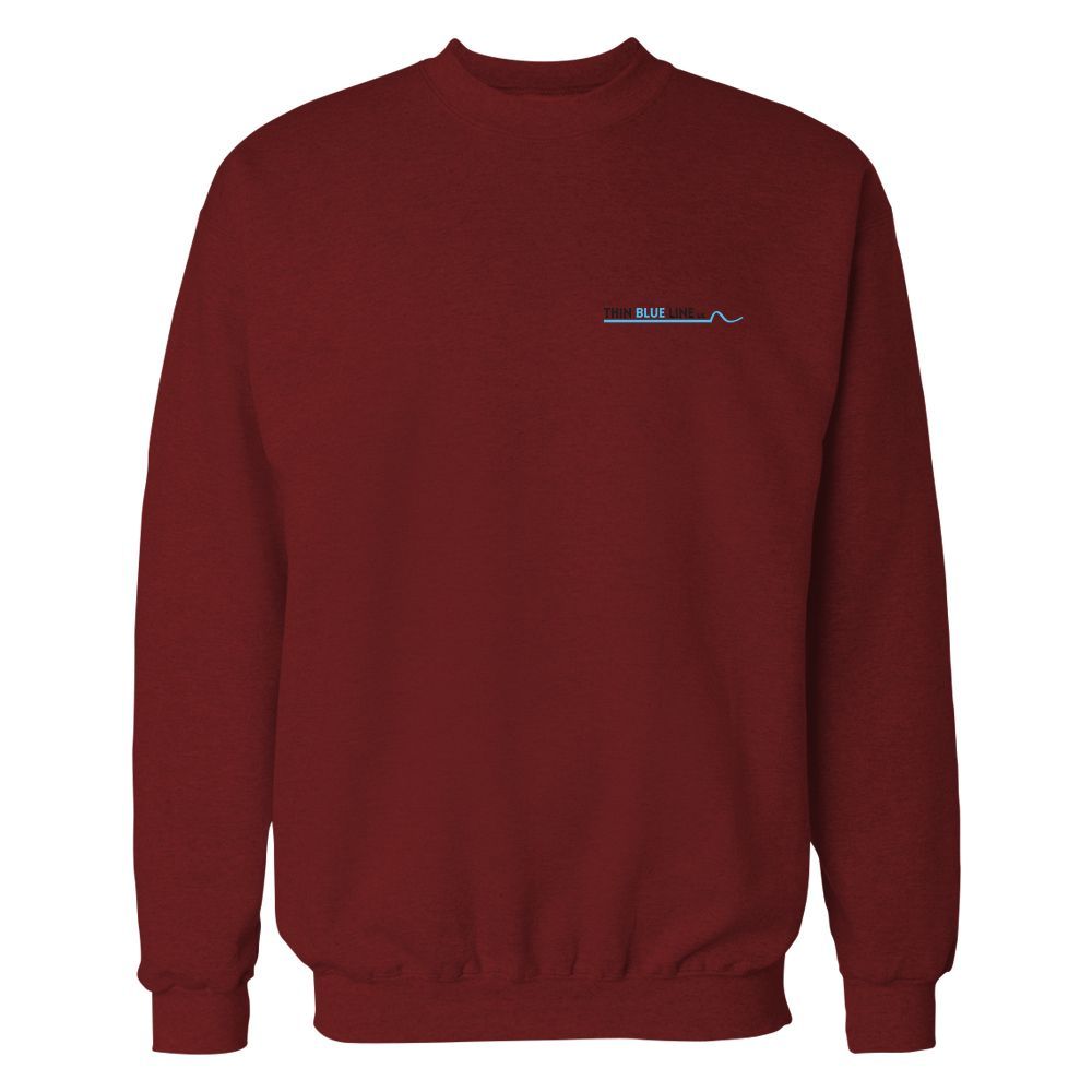 Maroon sweatshirt with a small, blue and gray logo over the left chest.