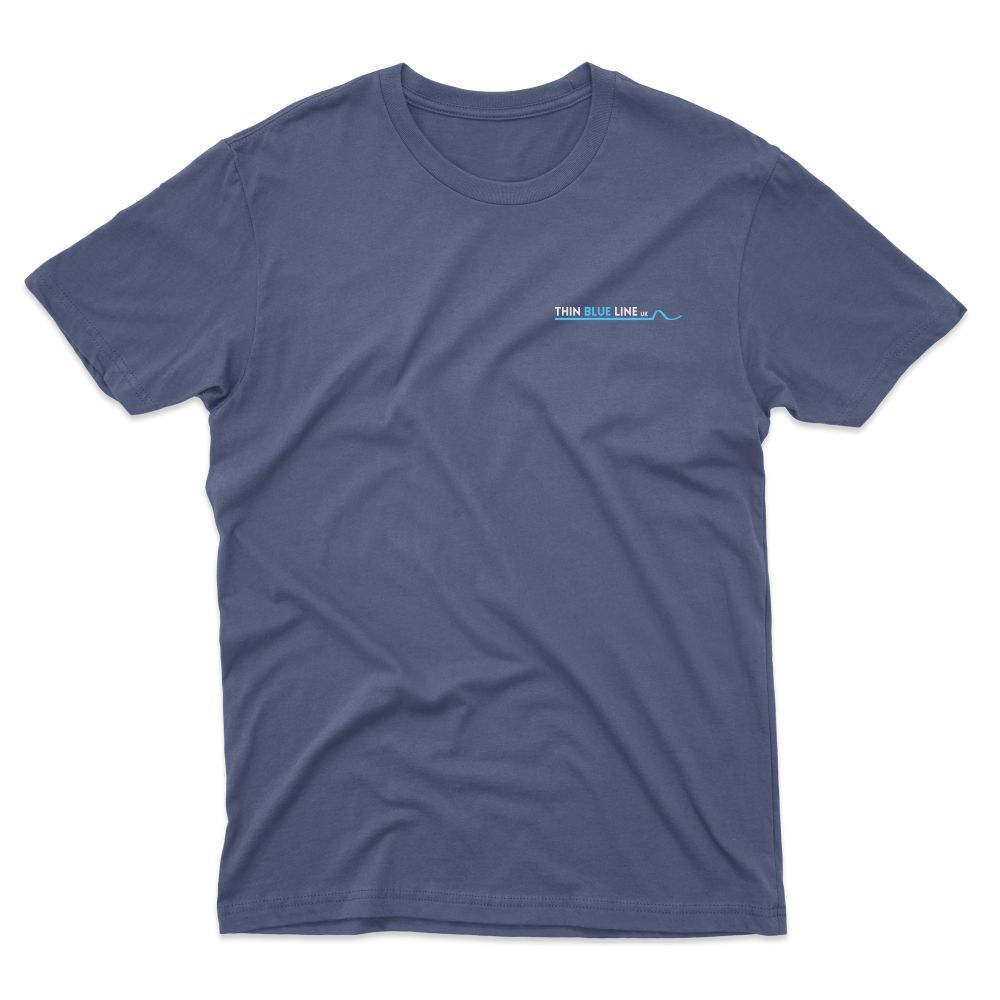 Blue t-shirt with a small, light-colored logo on the upper left chest.