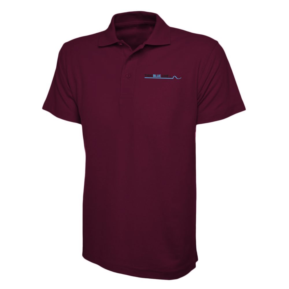 Burgundy polo shirt with a small emblem on the chest.