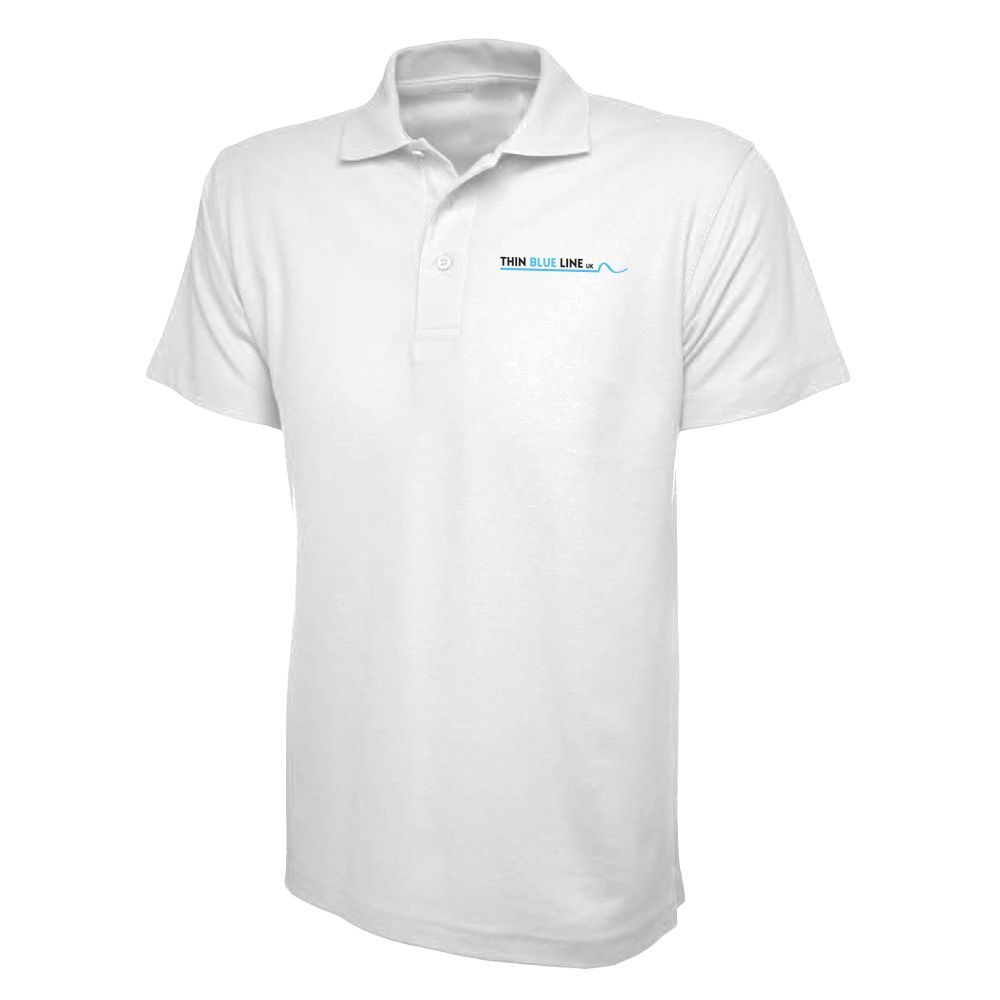 White polo shirt with small blue logo on chest.