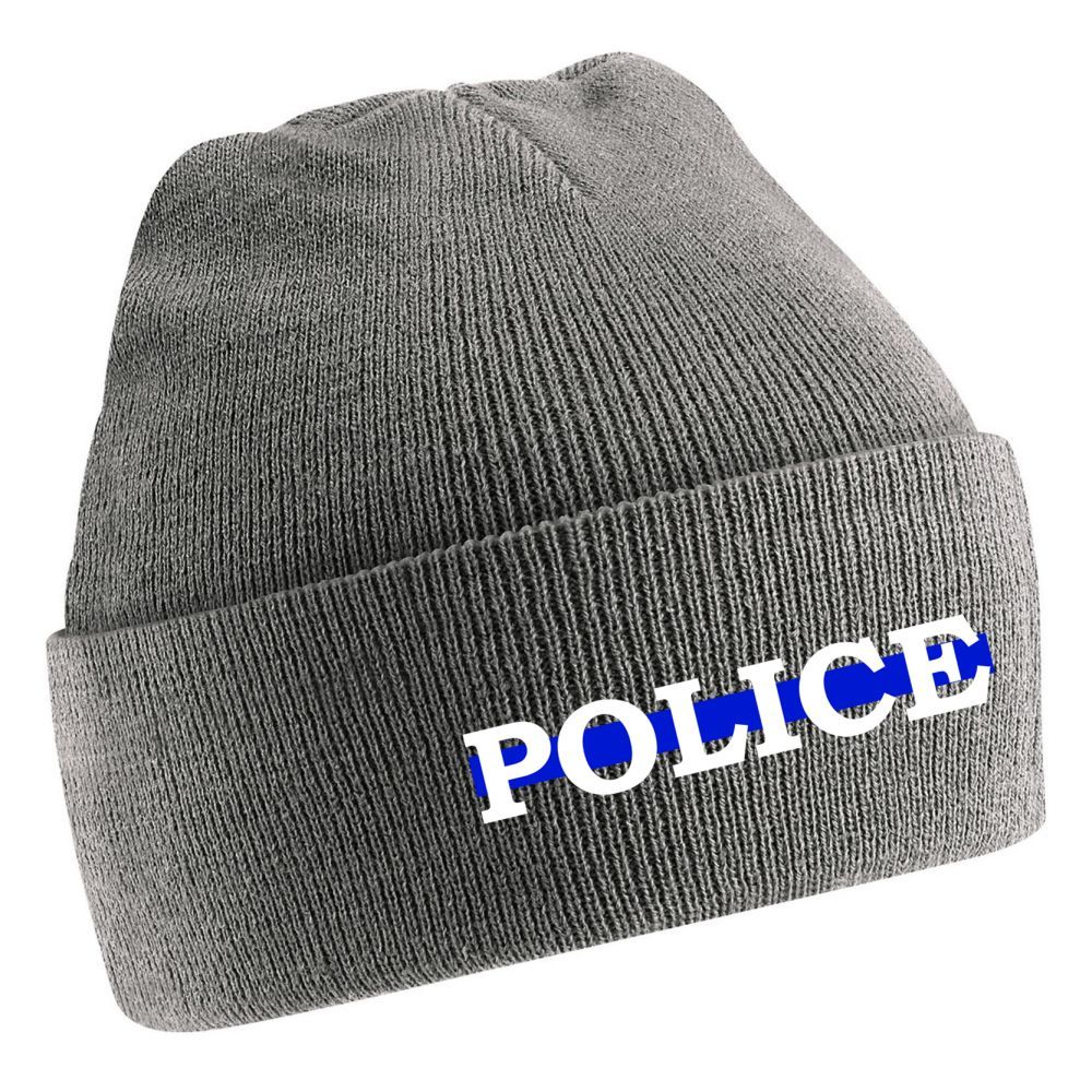 Gray beanie with "POLICE" and a blue stripe.