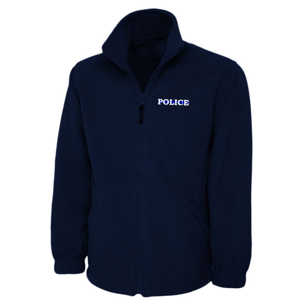 Navy blue fleece jacket with "POLICE" in white letters on the chest.