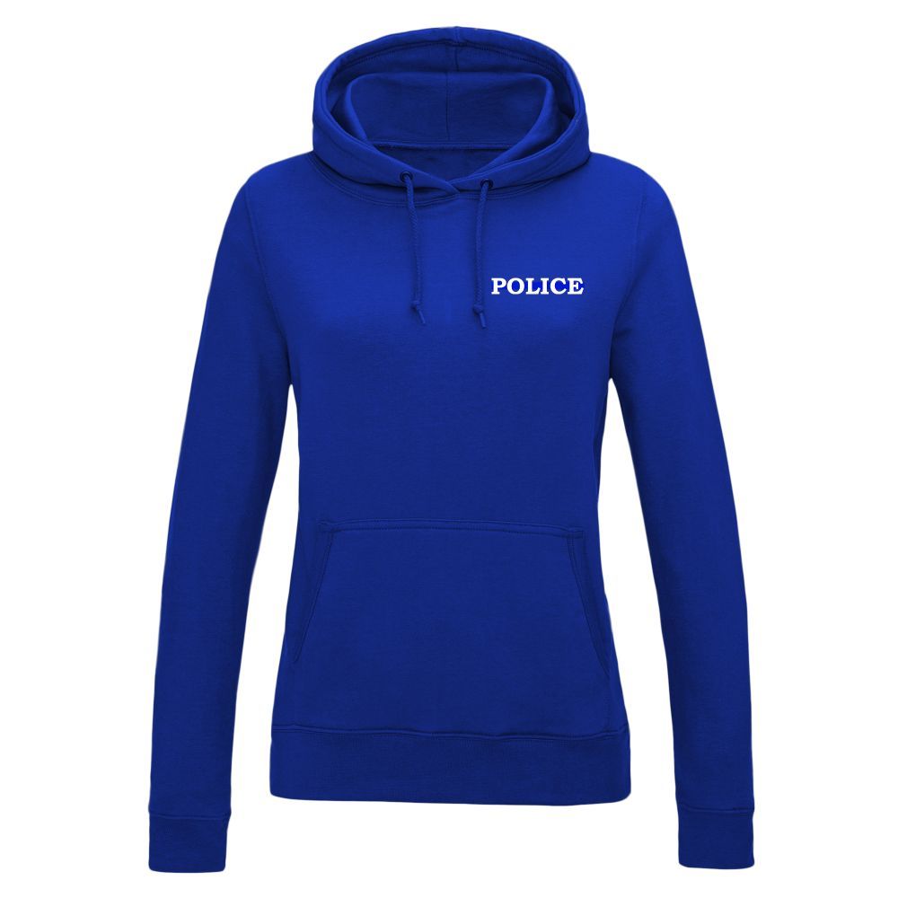 Blue hoodie with "POLICE" printed on the chest.