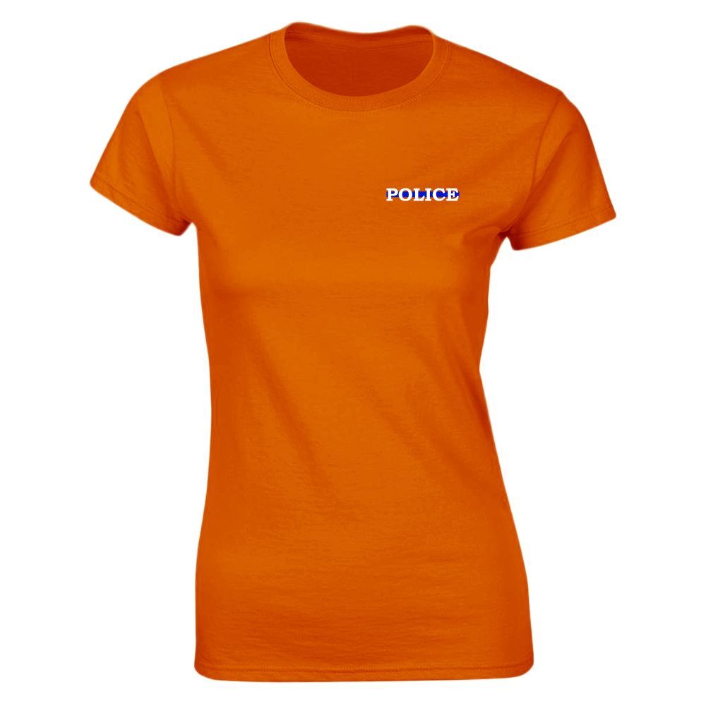 Orange t-shirt with "POLICE" in blue and white lettering on the left chest.