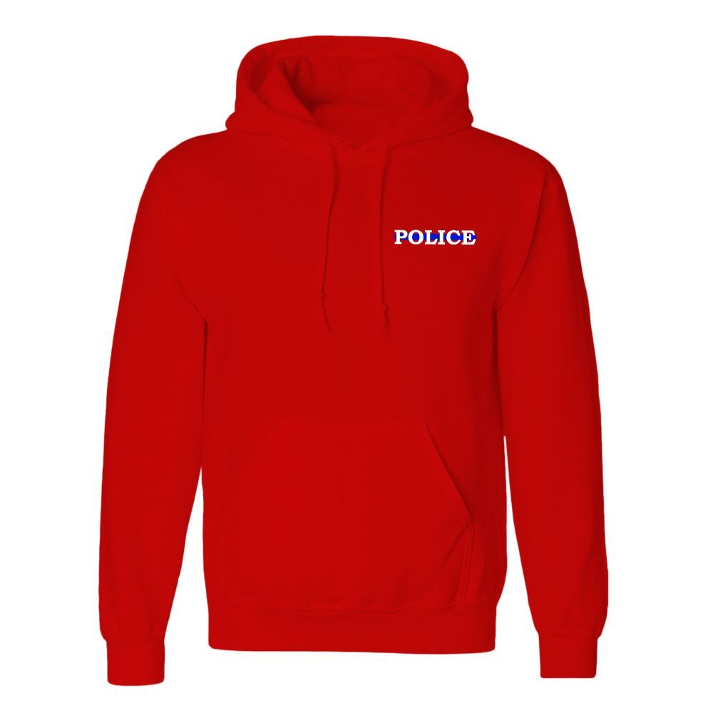 Red hoodie with "POLICE" in white letters on the chest.