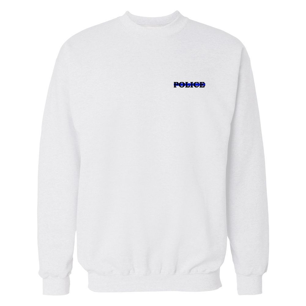 White sweatshirt with blue "POLAND" text on the chest.