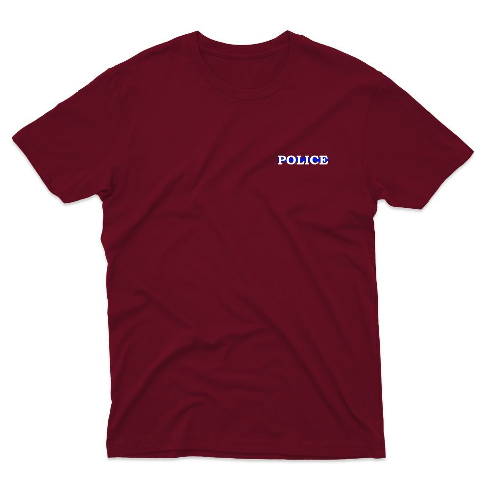 Burgundy t-shirt with the word "POLICE" printed in blue on the upper left chest.