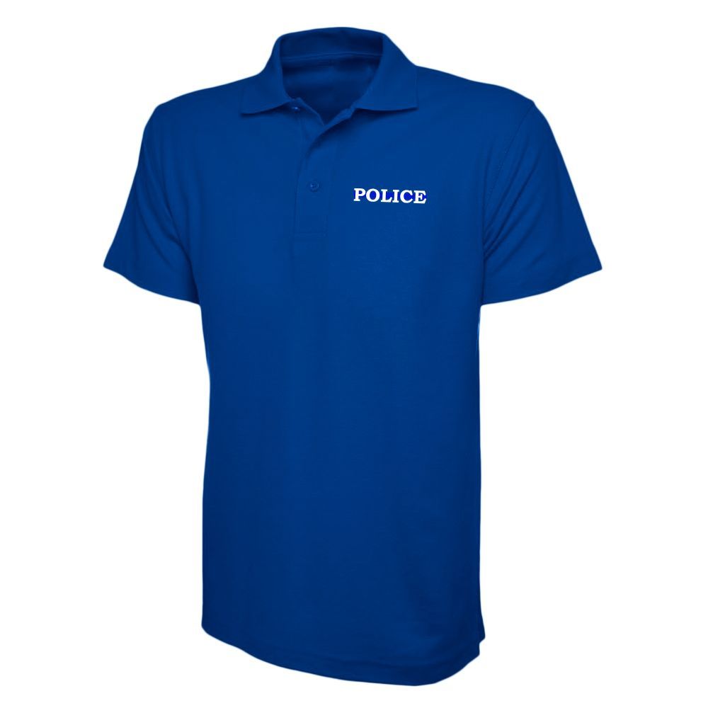 Blue police polo shirt with "POLICE" printed on the chest.