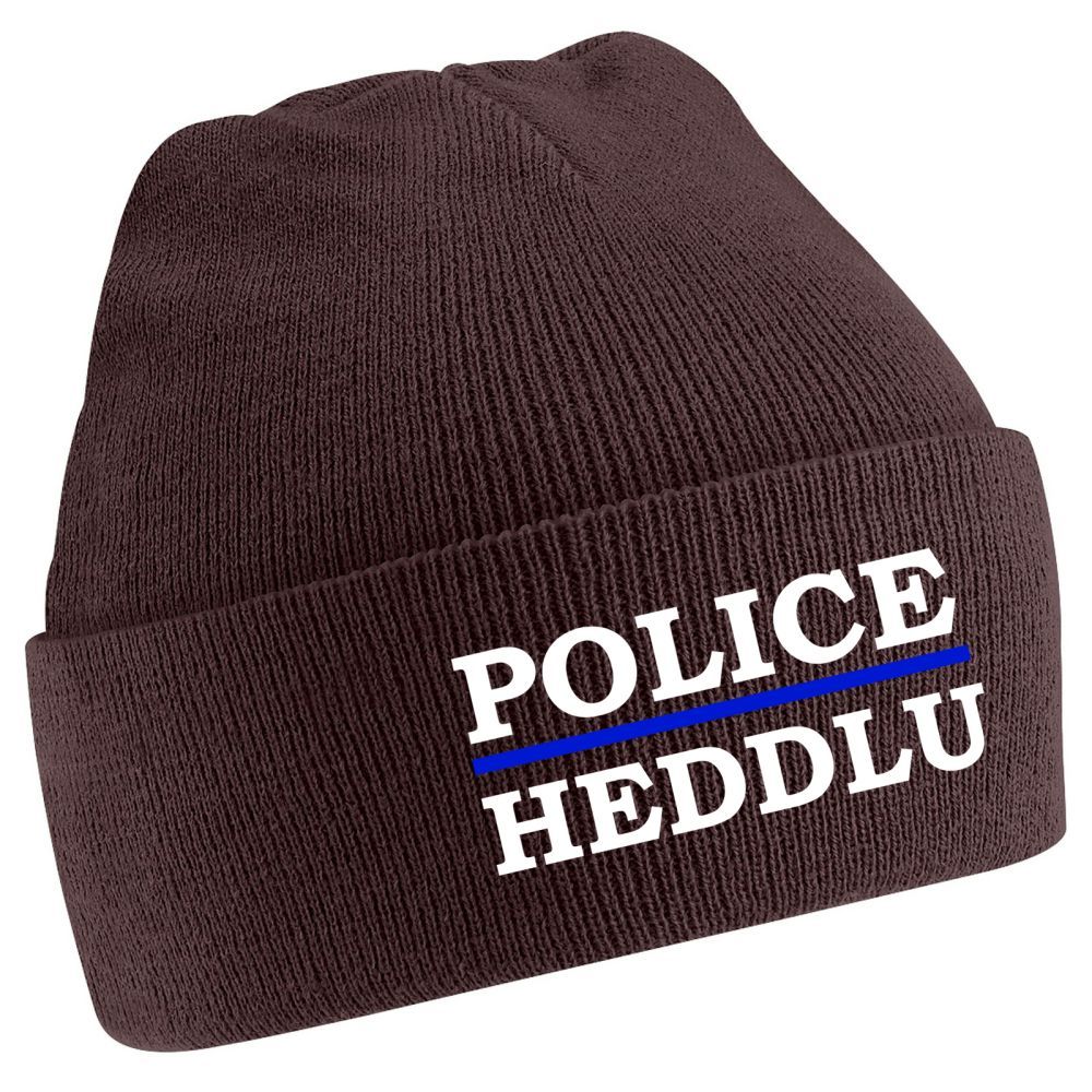 Brown beanie with "POLICE HEDDLU" in white and a blue line.