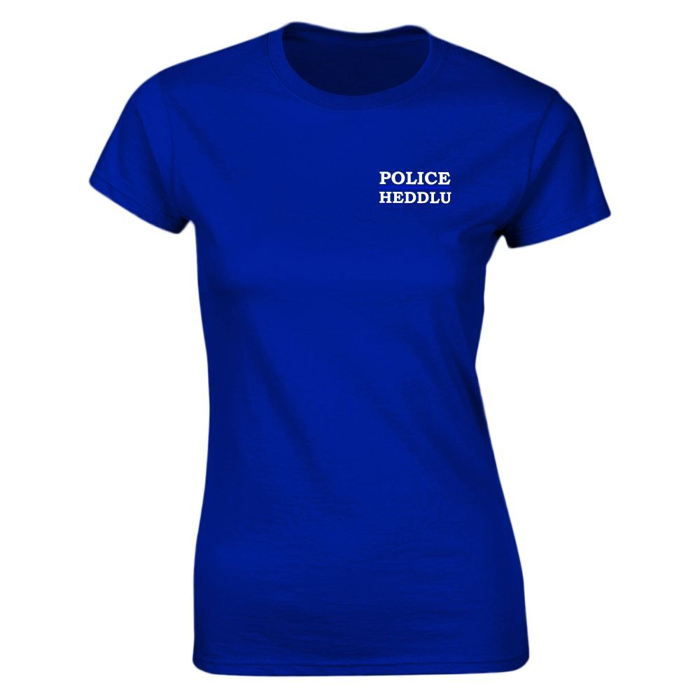 Blue t-shirt with "POLICE" and "MEDDLO" in white text on the chest.
