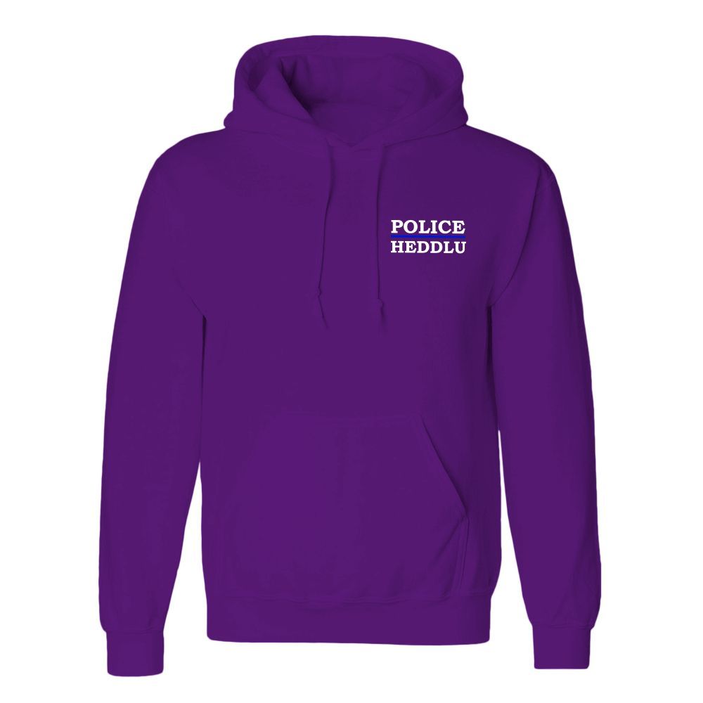 Purple hoodie with white "POLICE" and "HEEDLU" text.