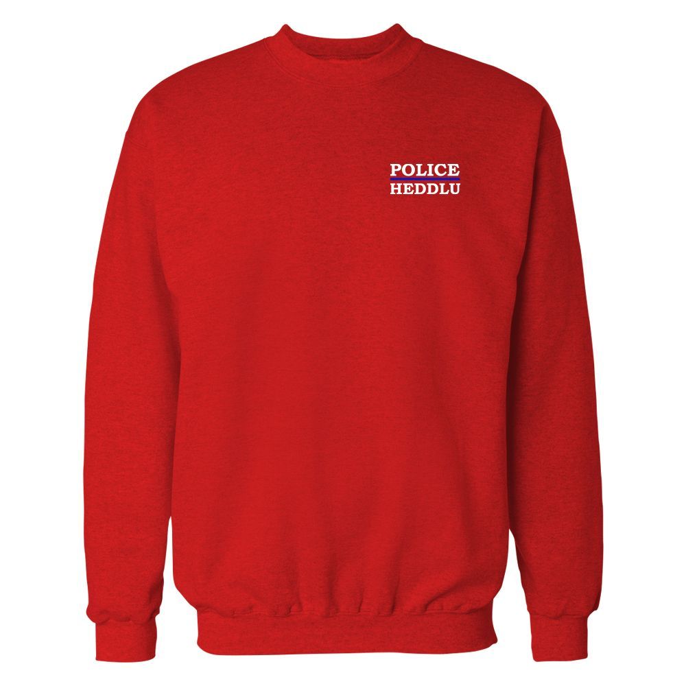Red sweatshirt with "POLICE MEDIC" embroidered on the chest.
