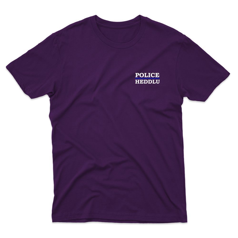 Purple t-shirt with "POLICE HEDDLU" in white text on the upper back.