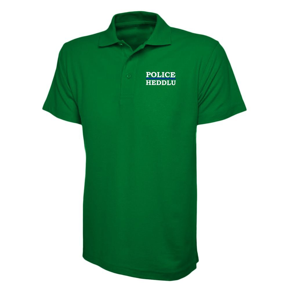 Green polo shirt with "POLICE HEDDLU" in white text.