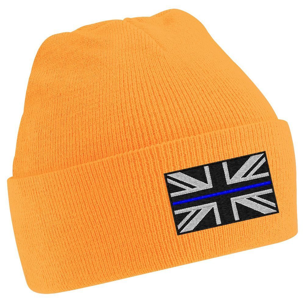 Orange beanie hat with embroidered British flag featuring a blue line.