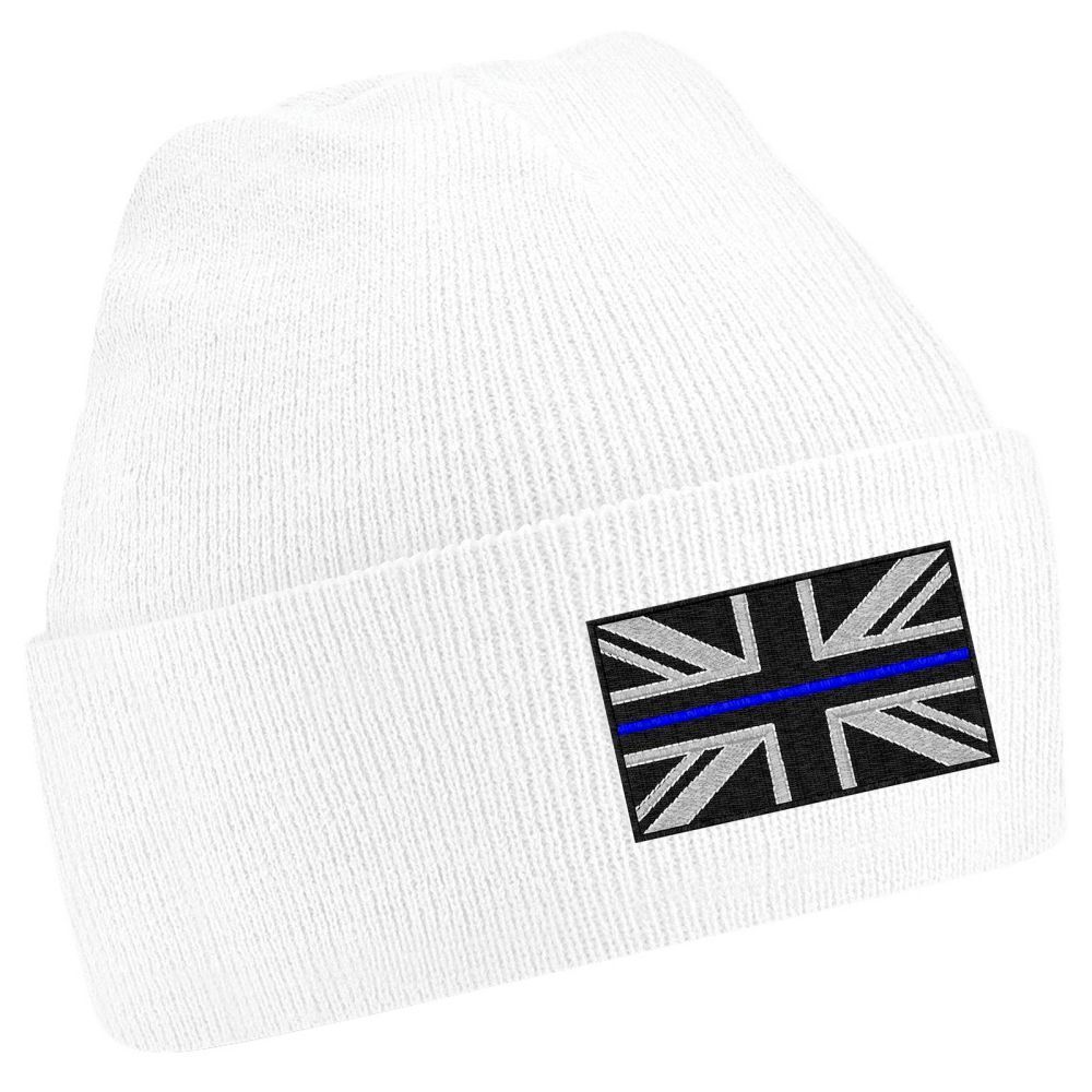 White beanie with embroidered British flag, blue line.