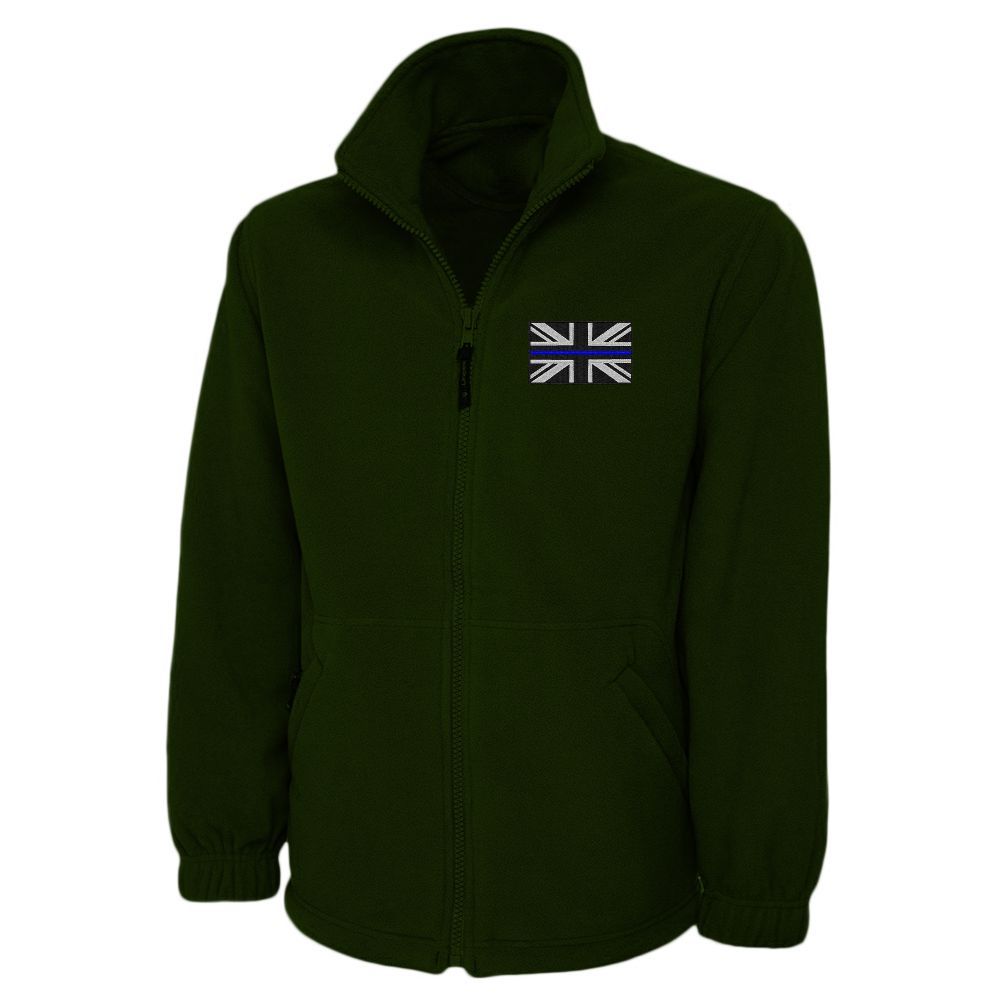 Dark green fleece jacket with zipper and Union Jack patch on the chest.