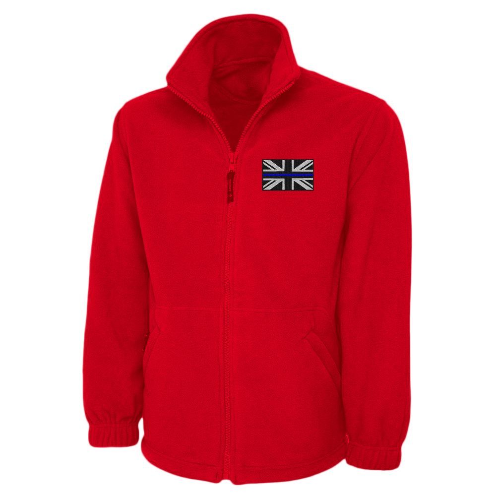Red fleece jacket with a small Union Jack flag patch on the chest.