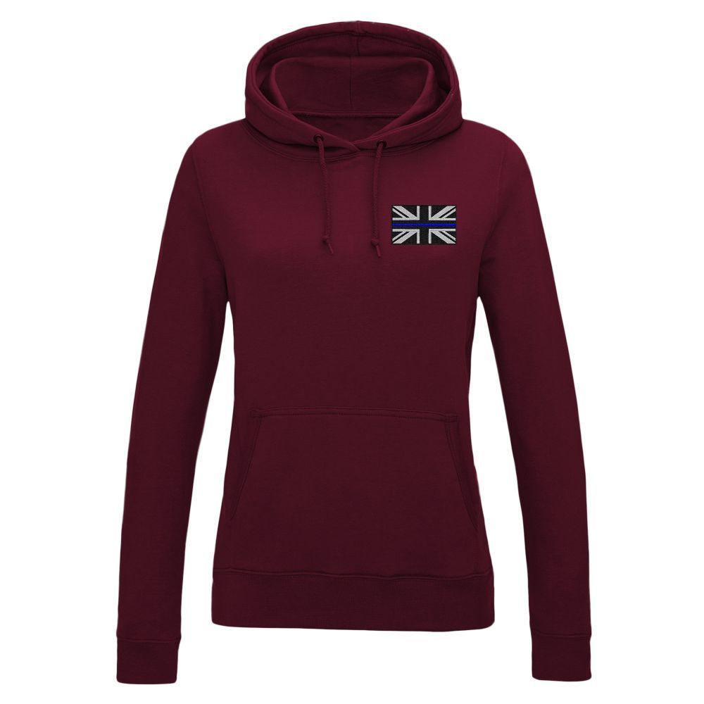 Burgundy hoodie with a small emblem of a stylized UK flag on the chest.