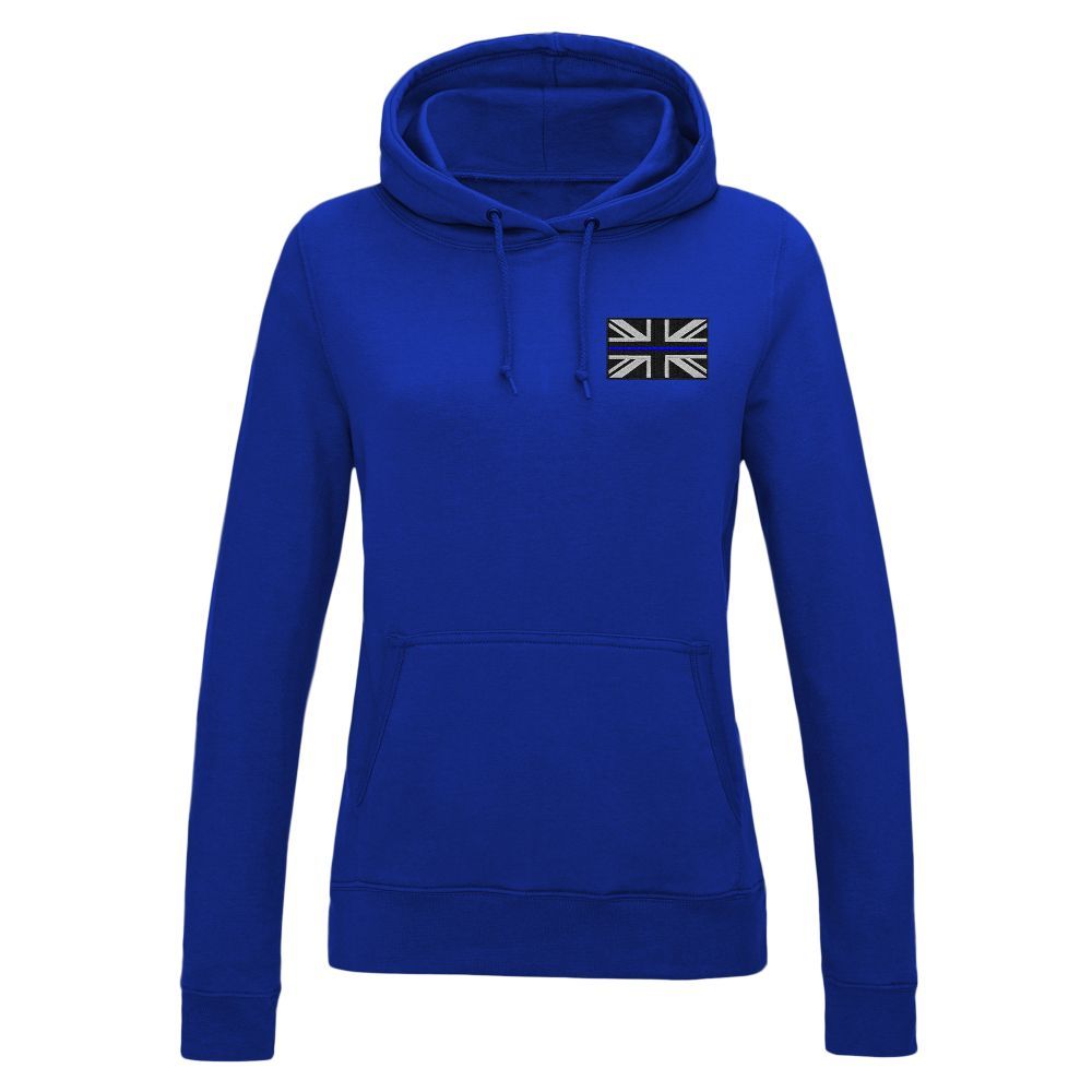 Blue hoodie with a black and white Union Jack flag on the chest.