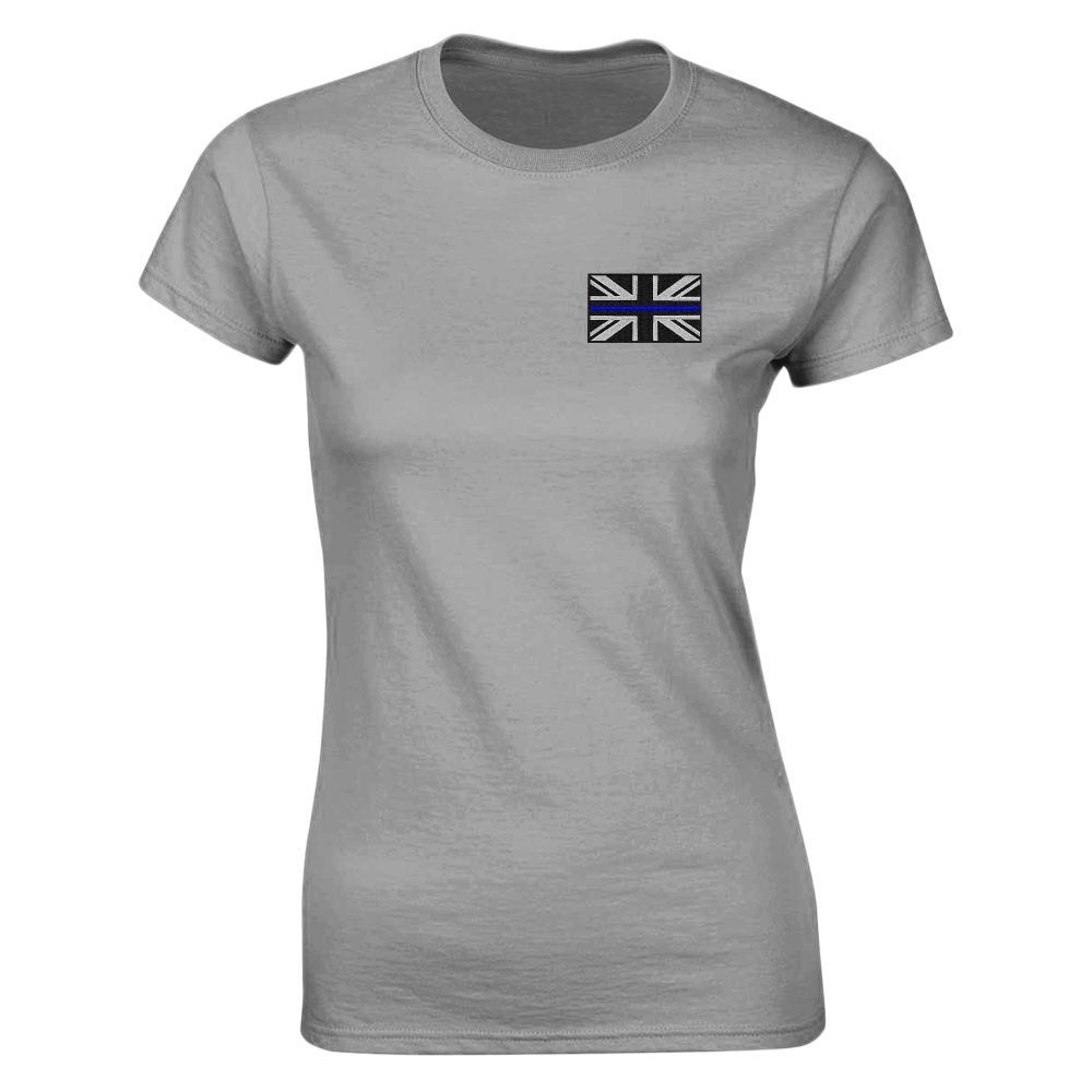 Gray t-shirt with a small British flag graphic on the chest, featuring a blue line.