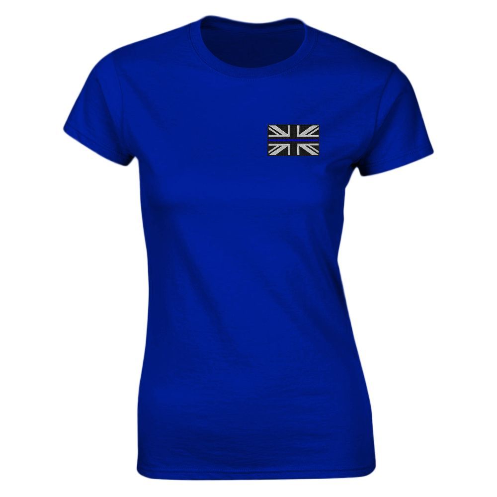 Blue t-shirt with small Union Jack flag on the chest.