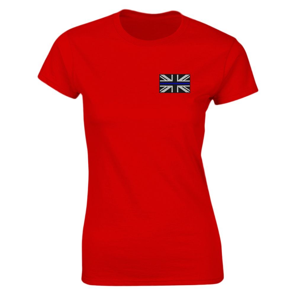 Blue t-shirt with small Union Jack flag on the chest.