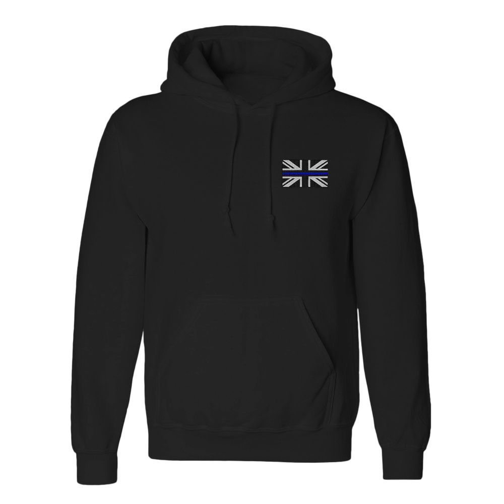 Orange hoodie with a small Union Jack patch on the upper left chest.