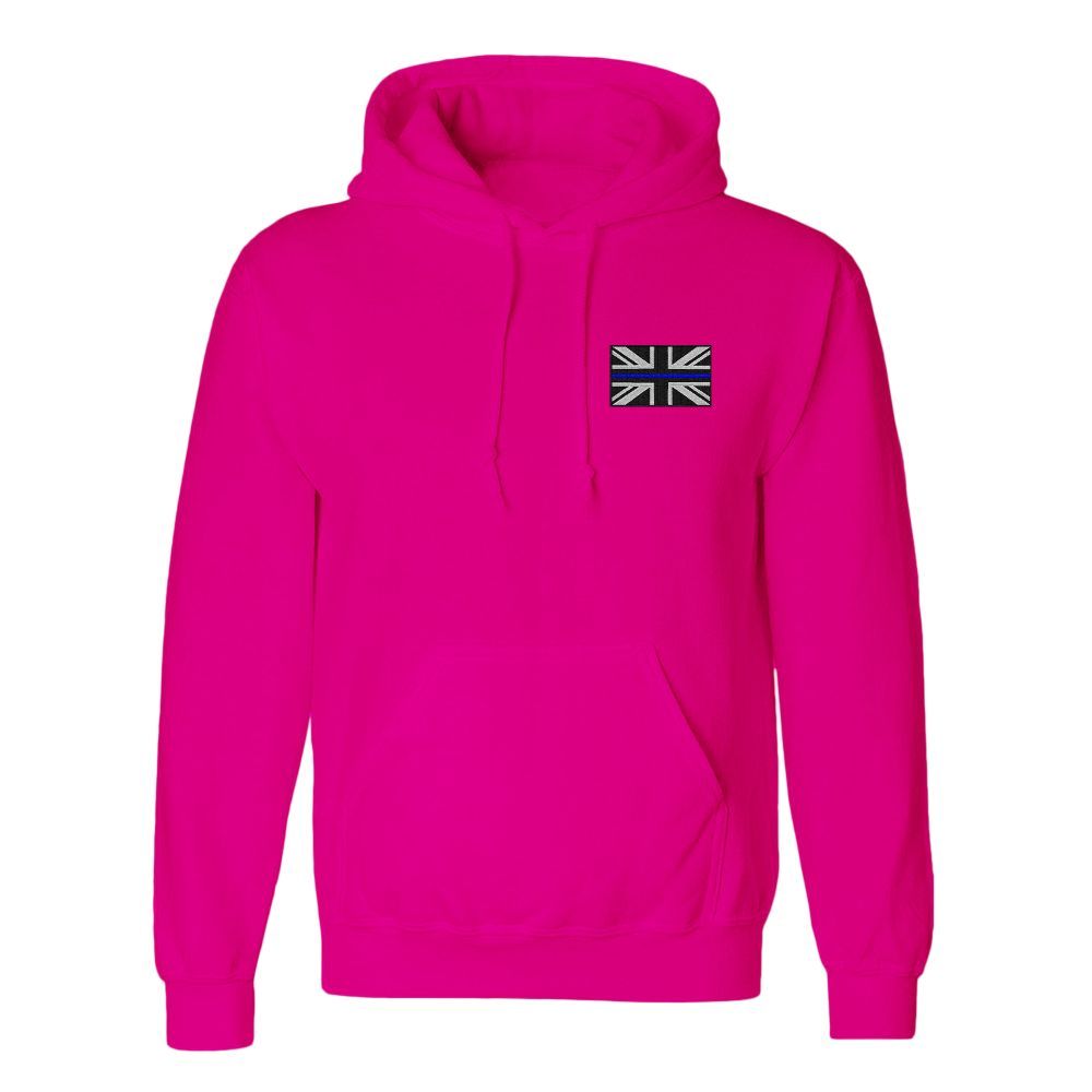 Pink hoodie with small British flag patch.