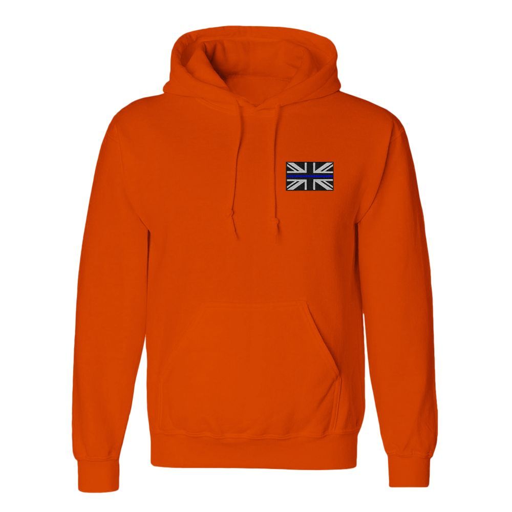 Orange hoodie with a small Union Jack patch on the upper left chest.