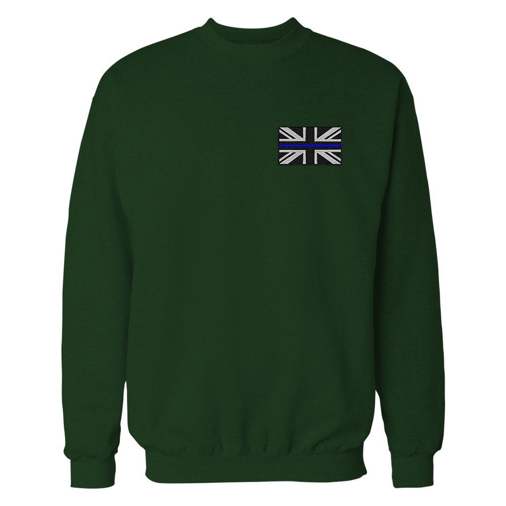 Dark green sweatshirt with small Union Jack flag and blue line detail.