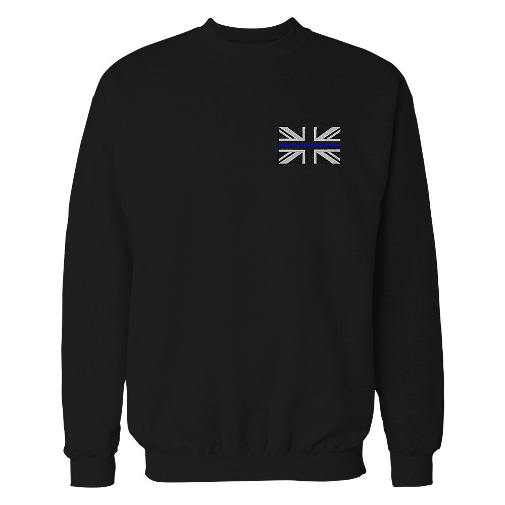Dark green sweatshirt with small Union Jack flag and blue line detail.